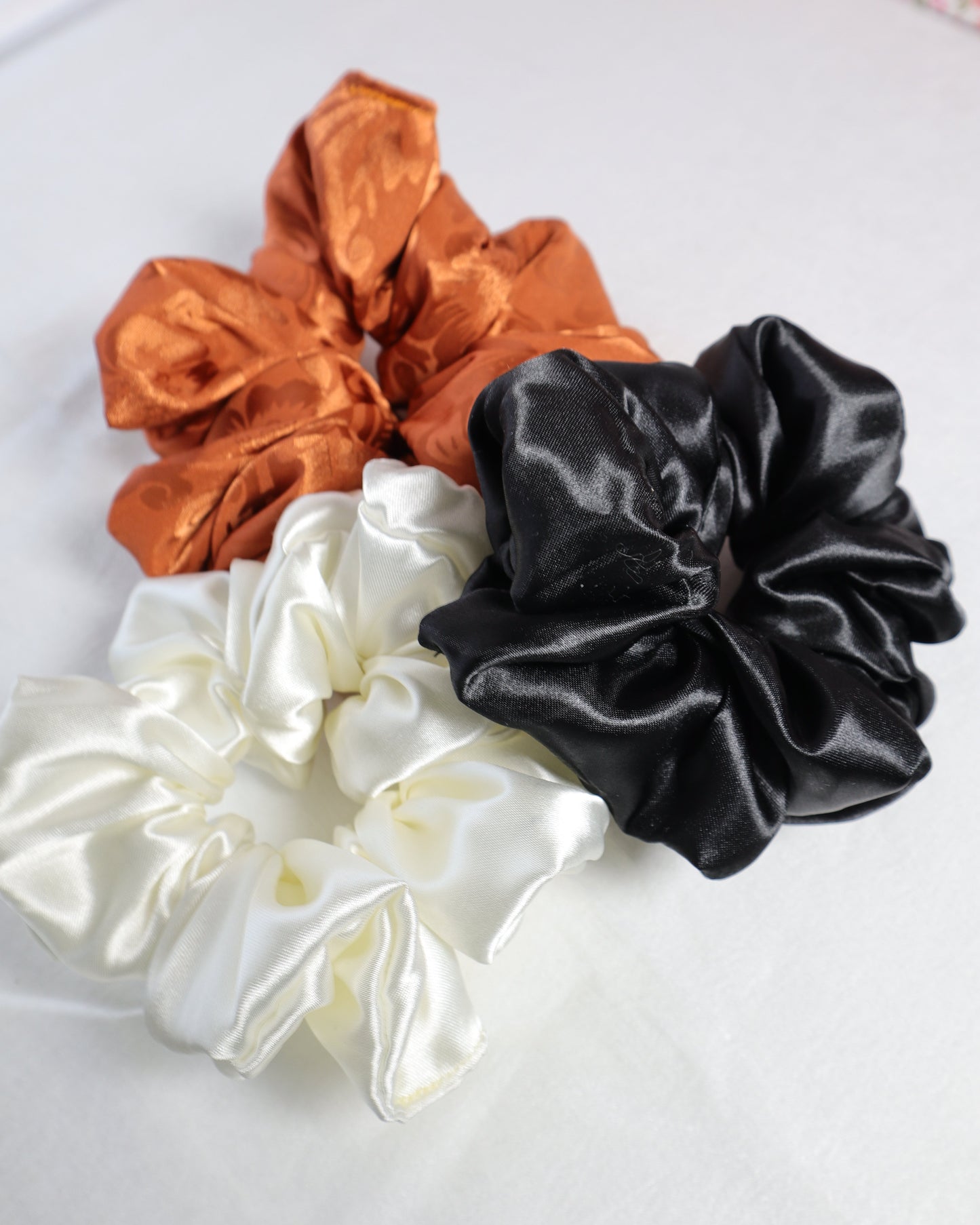 Scrunchie, Hair accessories, oversized, jumbo, satin, poly satin, hair tie, fall, white, orange, black