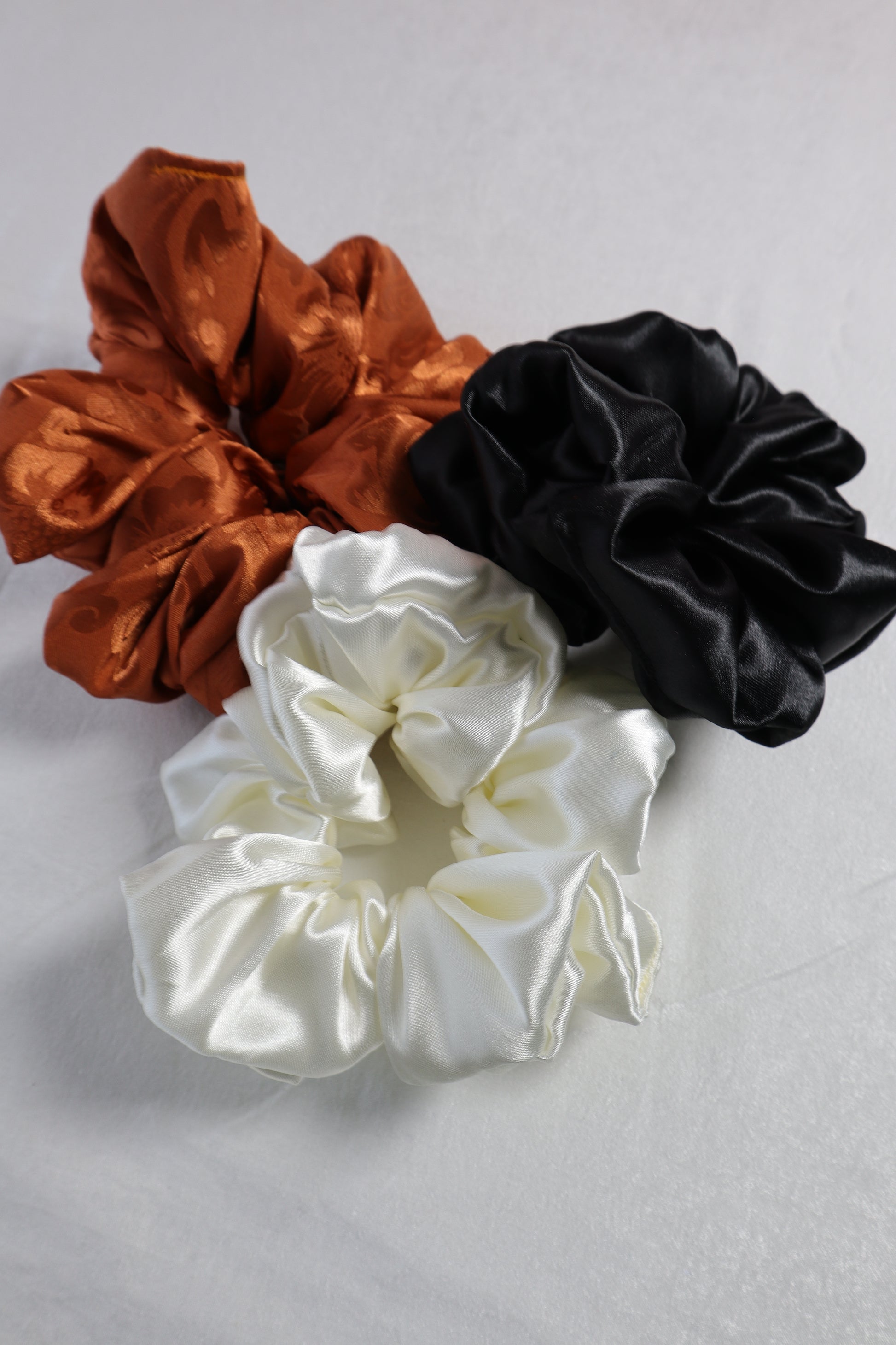 Scrunchie, Hair accessories, oversized, jumbo, satin, poly satin, hair tie, fall, white, orange, black