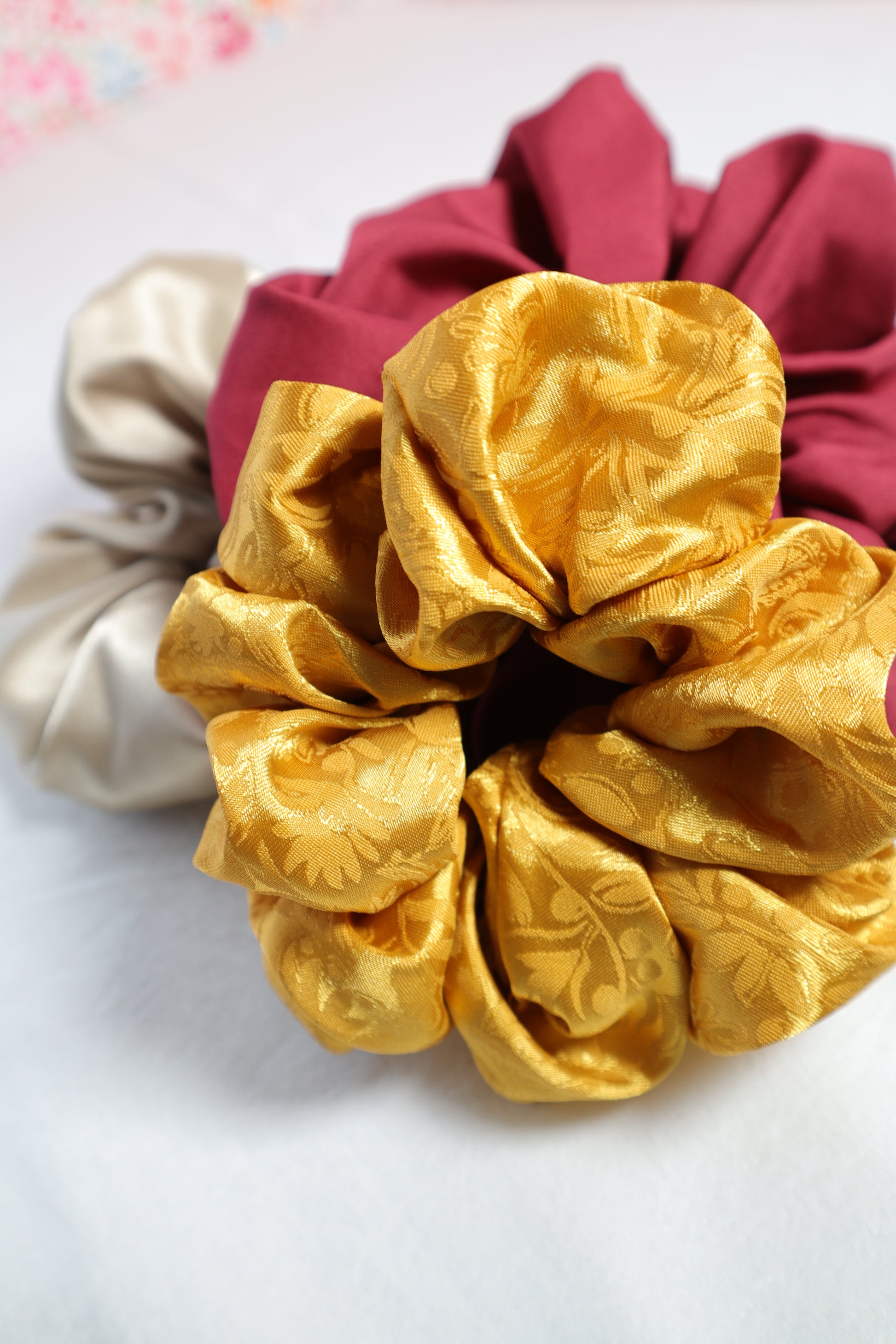 scrunchie, gift set, satin, poly satin, cotton, hair accessories, hair tie, jumbo size, oversized, red, yellow, gold