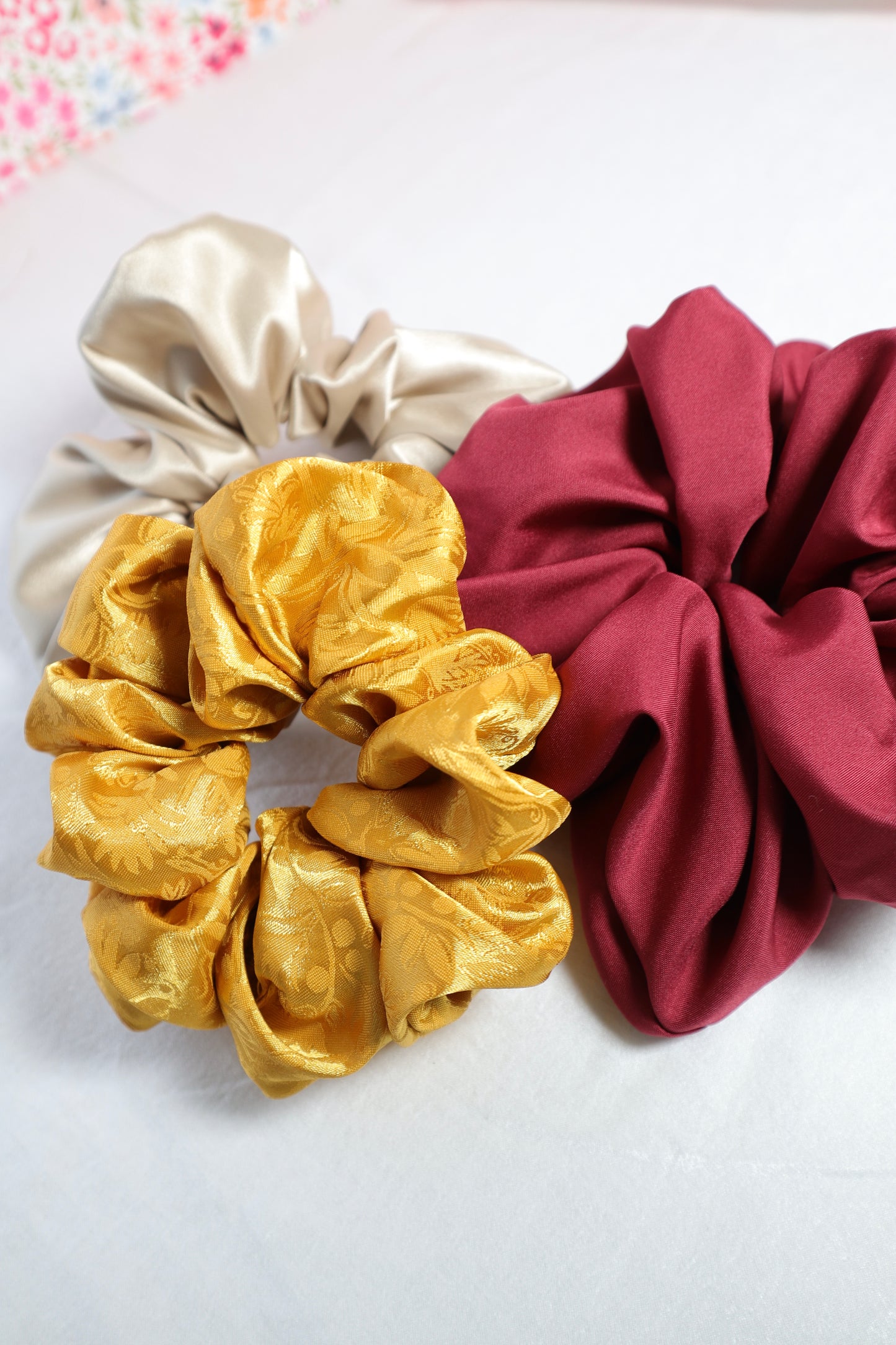 scrunchie, gift set, satin, poly satin, cotton, hair accessories, hair tie, jumbo size, oversized, red, yellow, gold