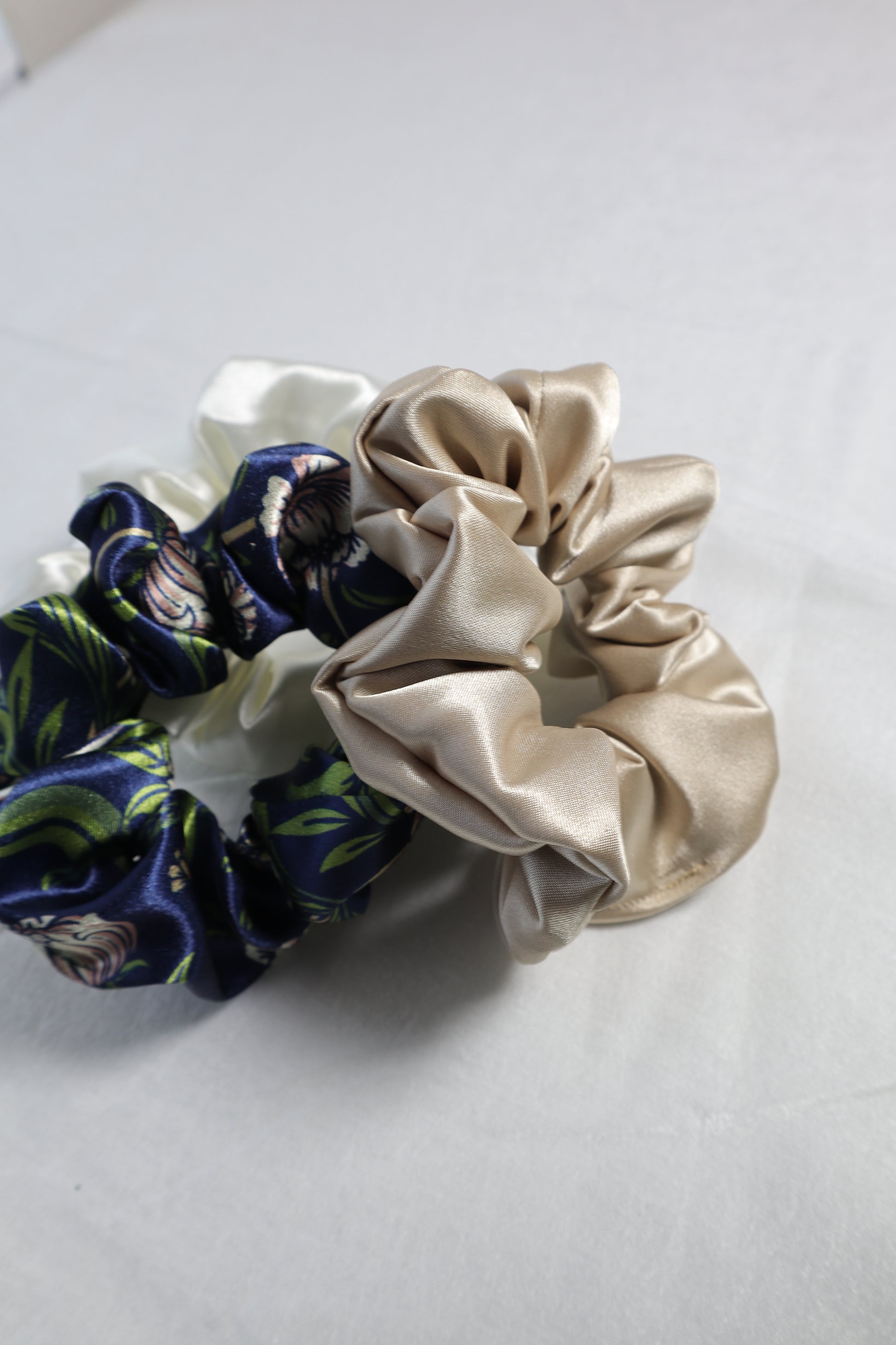 scrunchie, hair tie, sating hair accessories, hair care, protective, satin scrunchie, poly satin, navy, gold, white