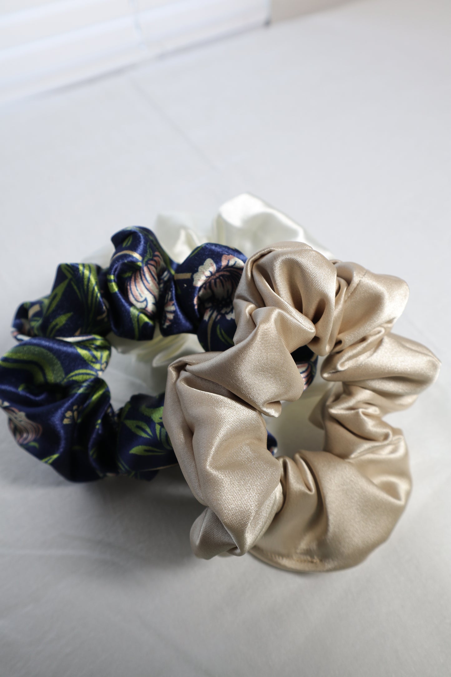 scrunchie, hair tie, sating hair accessories, hair care, protective, satin scrunchie, poly satin, navy, gold, white