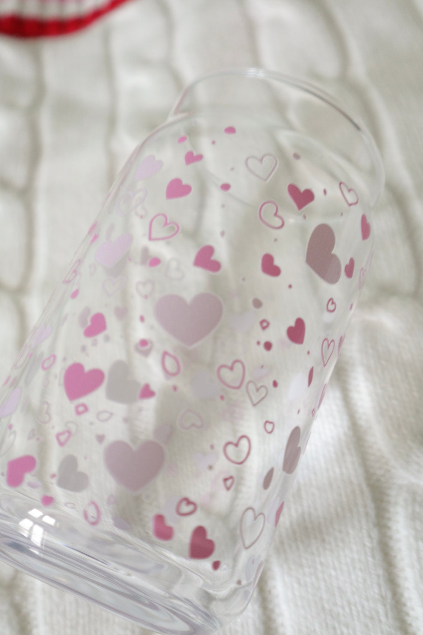 Cute Cup, Gift for Girls, Glassware, Bamboo Lid, 16oz Glass can, Home Decor, Pink Heart Design