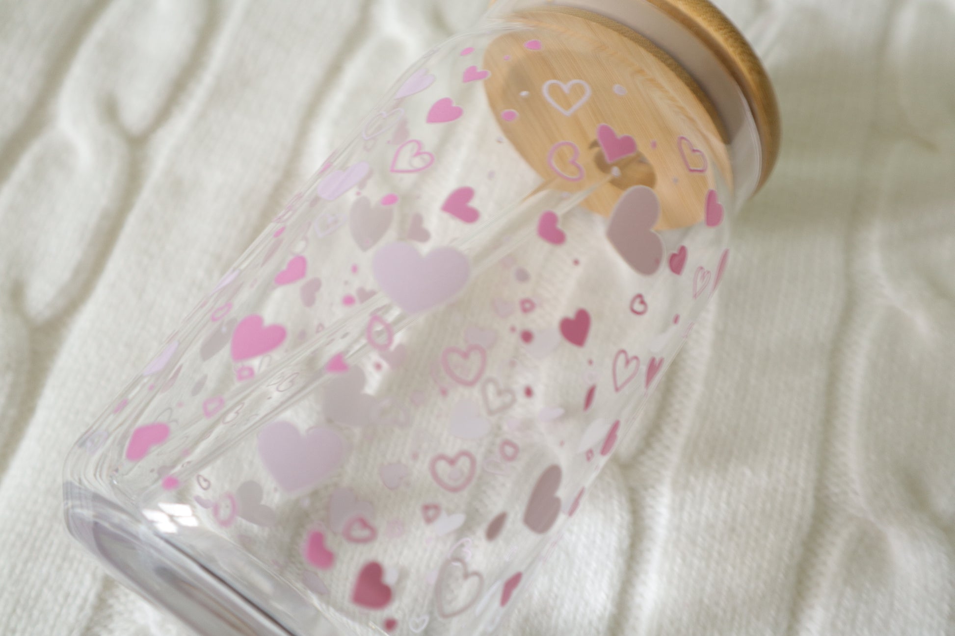 Cute Cup, Gift for Girls, Glassware, Bamboo Lid, 16oz Glass can, Home Decor, Pink Heart Design