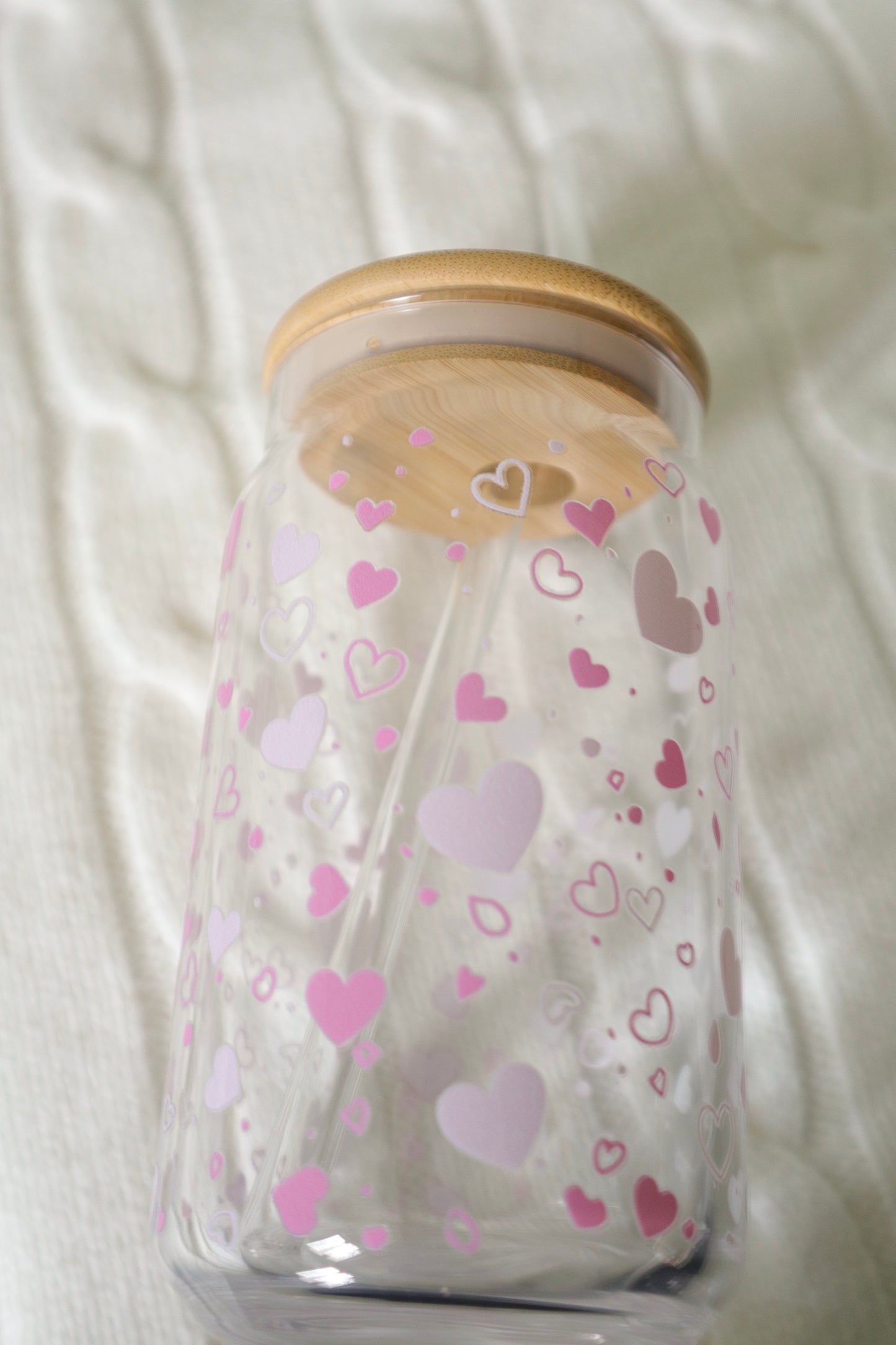 Cute Cup, Gift for Girls, Glassware, Bamboo Lid, 16oz Glass can, Home Decor, Pink Heart Design