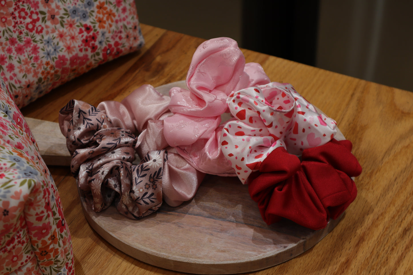 red, pink, girly, cute, scrunchies, valentines day, floral, scrunchies, satin, poly satin, hair care, hair accessories